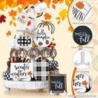 Reallnaive 18 Pcs Fall Tiered Tray Decor, Vintage Plaid Pumpkin Signs - Image 4