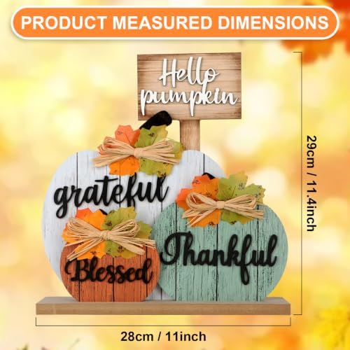 4 Pcs Fall Pumpkin Decor Wooden Table Sign Thankful Blessed Grateful Tabletop for Autumn Farmhouse Vintage Thanksgiving Harvest Party Rustic Home Room Table Shelf Halloween Decorations - Image 2