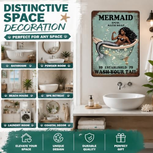 Funny Mermaid Company Bath Soap Metal Signs Wash Your Tail Sign Vintage Tin Sign Wall Decor Retro Tin Signs for Room Living Room Bathroom Toilet Hotel 12x16 Inch - Image 5