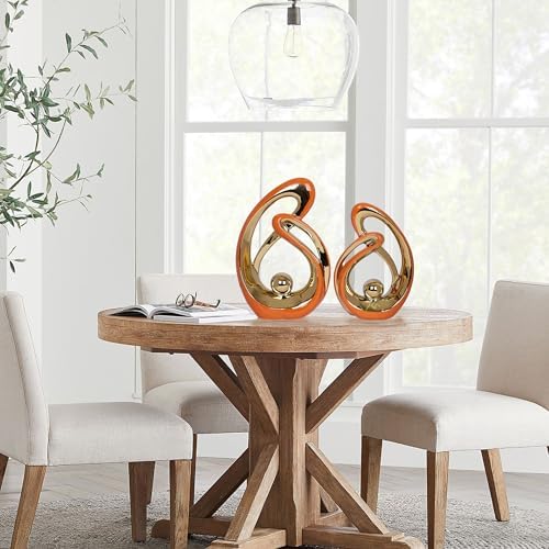 2 PCS Orange Decor Accent Ceramic Statue Orange Gold Mid Century Modern Home Decor Accents Sculpture Decorations Centerpieces for Living Room Bookshelf Shelf Coffee Table Kitchen Office Dining Table - Image 4