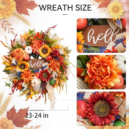 Fall Wreaths for Front Door 24 Inch Autumn Harvest Sunflower Apple Wreath - Image 5