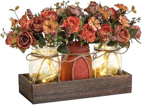 3 Pcs Mason Jar Centerpiece Table Decorations for Dining Table Decor Farmhouse Coffee Table Decor with Wood Tray and Led Light Table Centerpieces for Dining room Kitchen Living Bathroom,Orange by Unknown