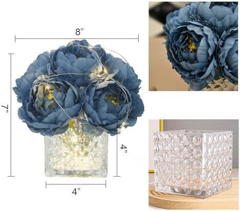 Artificial Peony Silk Flower Centerpieces with LED Light Faux Floral Arrangement in Glass Vase for Home Wedding Table Decoration (Dusty Blue) - Image 2
