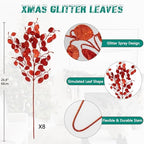 Oairse 8 Pcs Christmas Tree Picks and Sprays Red Glitter Christmas Picks 26.8" Christmas Glitter Eucalyptus Leaves Stems for Christmas Tree Filler Branches Wreaths Centerpieces Holiday Decorations - Image 2