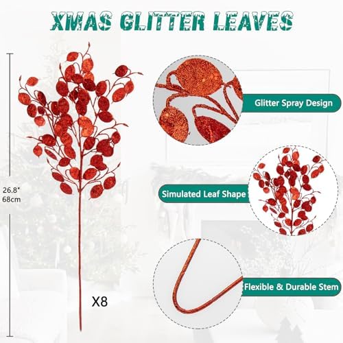 Oairse 8 Pcs Christmas Tree Picks and Sprays Red Glitter Christmas Picks 26.8" Christmas Glitter Eucalyptus Leaves Stems for Christmas Tree Filler Branches Wreaths Centerpieces Holiday Decorations - Image 2