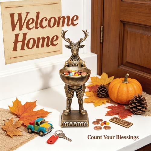 Home Decor Gift 12.6 Inch Vintage Deer Statue with Bowl, Resin Stag Figurine Serving Tray, Multifunctional Key Candy Purse Holder Bowl, Jewelry Dish Ring Holder, Desktop Tabletop Art Decor - Image 2