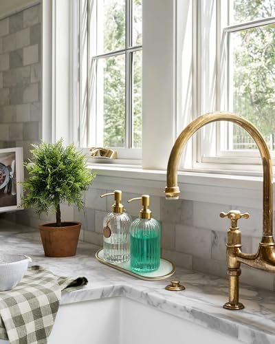 JASAI 2PACK 18Oz Fluted Glass Soap Dispenser with Golden Rust Proof Pump - Image 3