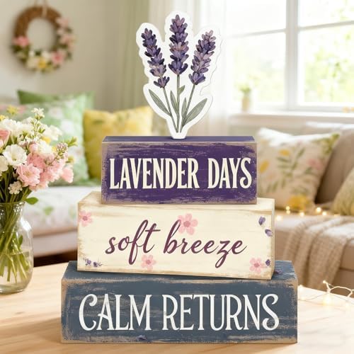 Spring Decoration For Home Wooden Lavender Tiered Tray Decor Rustic Spring Block Sign with Lavender Farmhouse Tabletop Spring Decor Centerpiece for Tables Seasonal Home Easter Decor - Image 2