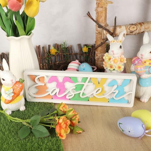 Vintage Happy Easter Decorations for Office, Home, Table, Mantel, Shelf, Desk, 3 1/2 x 11 Inch Retro Bunny Sign, Wooden Spring Bunnies Decor Sign, Farmhouse Pink Decoration (Colorful Bunnies) - Image 3
