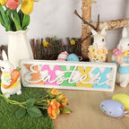 Vintage Happy Easter Decorations for Office, Home, Table, Mantel, Shelf, Desk, 3 1/2 x 11 Inch Retro Bunny Sign, Wooden Spring Bunnies Decor Sign, Farmhouse Pink Decoration (Colorful Bunnies) - Image 3