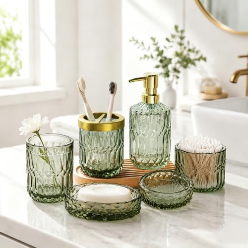 Green Bathroom Accessories Set, 5Pcs Clear Glass Green Accessories with Lotion Soap Dispenser, Soap Dish, Toothbrush Holder, Tumbler, Cotton Swab Jar, Modern Bathroom Decor Crystal Vintage Gift by Towoaafu