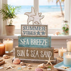 Yuntau 4 Pcs Summer Beach Decorations for Home Beach Tiered Tray Decor Starfish Coastal Rustic Starfish Wooden Block Table Sign Stacked Book Nautical Table Centerpiece for Farmhouse Office Desk Shelf - Image 2