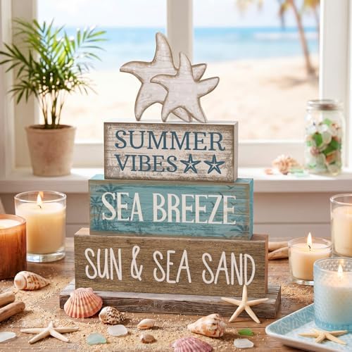 Yuntau 4 Pcs Summer Beach Decorations for Home Beach Tiered Tray Decor Starfish Coastal Rustic Starfish Wooden Block Table Sign Stacked Book Nautical Table Centerpiece for Farmhouse Office Desk Shelf - Image 2