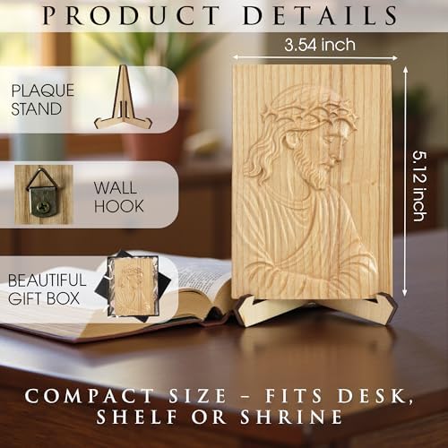 Hand-Carved Wooden Jesus Plaque – Christian Wall & Desk Decor with Stand, Natural Wood Relief Art, Catholic Religious Gift, Gift-Ready Box for Home Altar, Easter & Christmas - Image 2