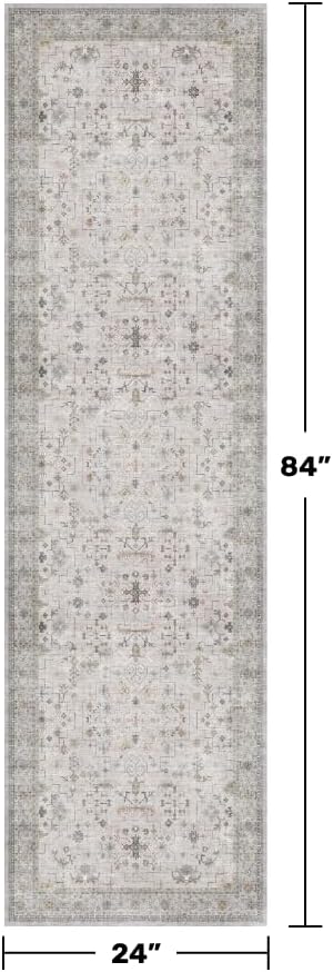 Washable 2x7 Runner Rug for Bathroom, Vintage Boho Light Gray & Sage Runner Rug - Image 2