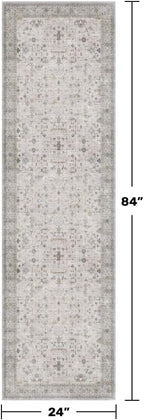 Washable 2x7 Runner Rug for Bathroom, Vintage Boho Light Gray & Sage Runner Rug - Image 2
