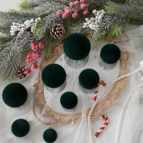 46Pcs Velvet Christmas Ball Ornaments Set - Flocked Shatterproof Christmas Tree Decorations Classic Hanging Ornaments with Rope for Xmas Wreath Holiday Home Decor (Multi-Size, Dark Green) - Image 3