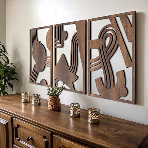 qmmp Modern Wooden Wall Sculptures - Set of 3 - Home Decor Accent - Large Wall Art for Living Room, Bedroom, Office - Easy Installation (Walnut, Large - Abstract Shapes) by qmmp
