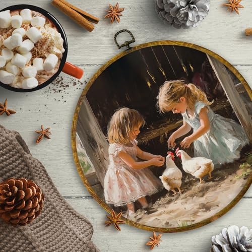 CUANFDDSF Vintage Farmhouse Girl and Chickens Round Wall Art, Rustic Cottagecore Kitchen Framed Hanging Wall Decor, Country Animal Scene Canvas Prints Decorations for Farm House Room, 10x10 Inch - Image 6