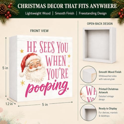 Christmas Bathroom Decor He Sees You When You're Pooping Funny Santa Sign - Image 4