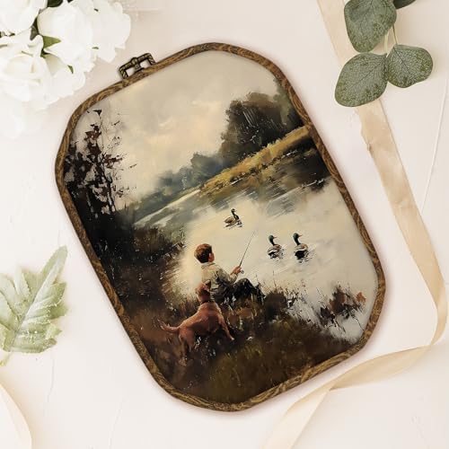 dvhdajed Mallard Duck Boy Fishing Wall Art Decor,Rustic Farmhouse Duck Hunting Framed Canvas Art,Country Dog and Boy Nature Aesthetic Octagon Wall Hanging Decor for Boys Room Bedroom Bathroom,10.2x7 - Image 4