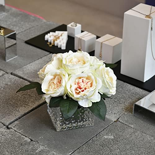 Artificial Peony Silk Flower Centerpieces Faux Floral Arrangement in Glass Vase for Home Wedding Table Decoration (Champagne) - Image 5