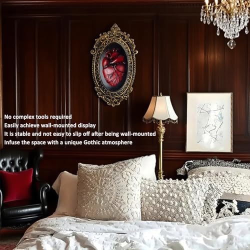 KISWIAR Gothic Anatomical Heart Wall Sculpture, 3D Resin Red Sacred Heart Wall Decor with Antique Gold Oval Frame, Victorian Dark Academia Hanging Art for Hallway, Living Room, Bedroom (Red) - Image 6