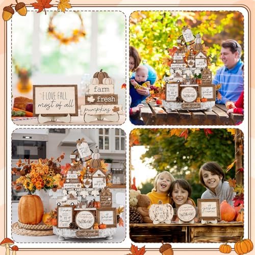 Maitys 21 Pcs Fall Tiered Tray Decor Set, Rustic Farmhouse Thanksgiving Whitewashed Wooden Signs Gnome Truck Pumpkin Wood Bead Garland Vintage Table Centerpieces Autumn Harvest Home Kitchen Decor - Image 6
