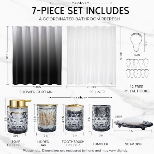 Black Glass Bathroom Accessories Set with Shower Curtain and Liner, 7-Piece Bathroom Decor Set, Soap Dispenser, Toothbrush Holder, Soap Dish, Vanity Tray, Complete Bathroom Makeover Set - Image 2