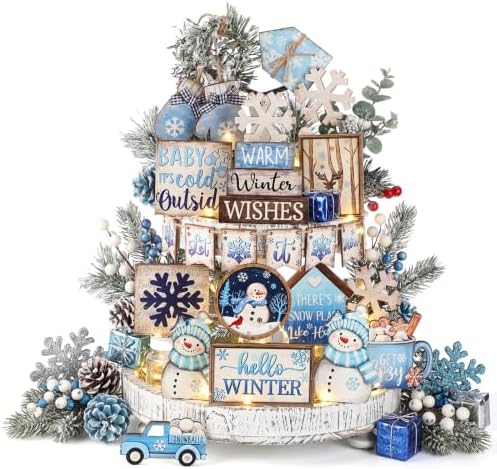 Shellwei 23 Pcs Christmas Tiered Tray Decor Set, Blue Snowman Wood Signs by Shellwei
