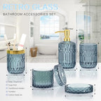 Blue Bathroom Accessories Set - 5PCS Clear Glass Bathroom Accessory Set (Toothbrush Holders, Soap Dispenser, Soap Dish, Tumbler, Cotton Swab Jar), Countertop Vanity Organizer Modern Decor Vintage Gift - Image 3
