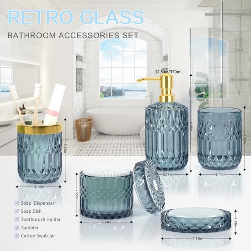 Blue Bathroom Accessories Set - 5PCS Clear Glass Bathroom Accessory Set (Toothbrush Holders, Soap Dispenser, Soap Dish, Tumbler, Cotton Swab Jar), Countertop Vanity Organizer Modern Decor Vintage Gift - Image 3