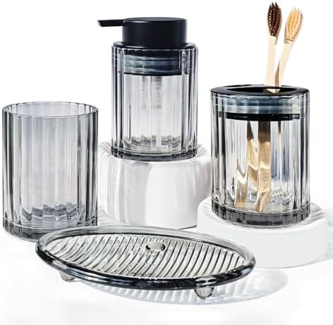 CERBIOR Bathroom Accessories Set, 4 PCS Glass Bathroom Set,Black Grey by CERBIOR