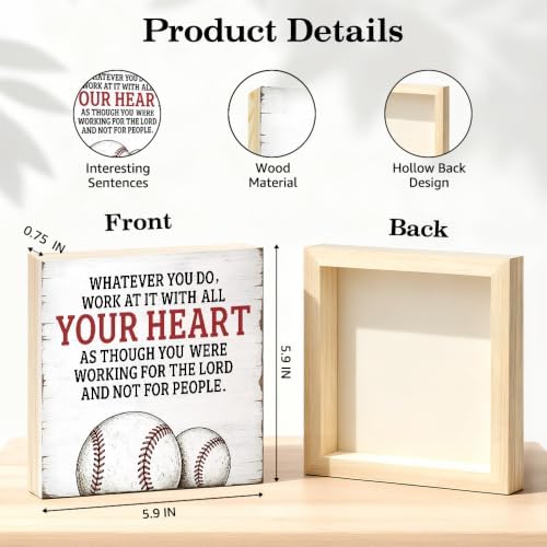 TOUNER Work At It With All Your Heart Wooden Box Sign Baseball Player Decor - Image 2