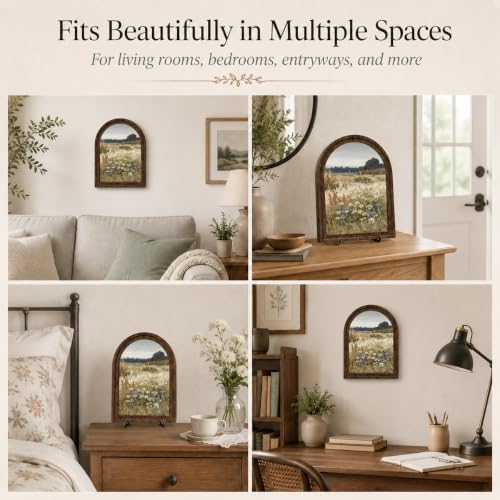 Rustic Farmhouse Tabletop Decor Sign, Arched Wooden Frame Wildflower Meadow Artwork for Desk Shelf Display, Soft Floral Landscape Accent, Gift for Home Decor Lovers - Image 3