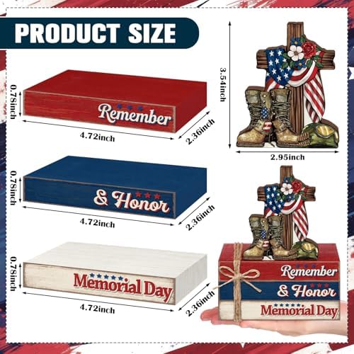 Geelin 4 Pcs Memorial Day Patriotic Table Decoration Wooden Book Stack Sign - Image 3