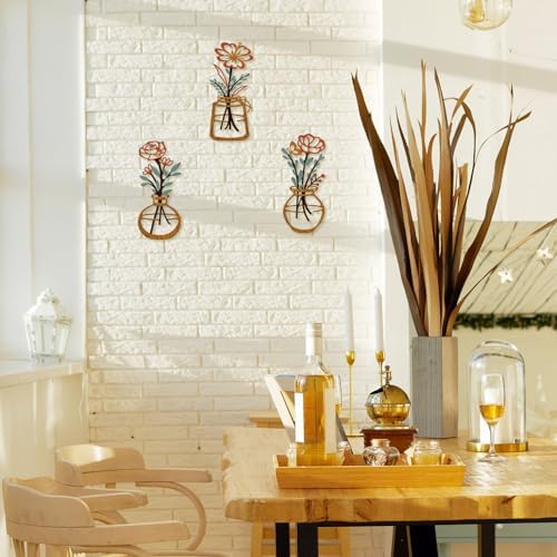 ARTINME 3 Pieces Metal Flowers Wall Arts - Rustic Farmhouse Decor Minimalist Flower Wall Decors for Living Room Bathroom Kitchen Bedroom Dining Room - Housewarming Gifts (Orange) - Image 5