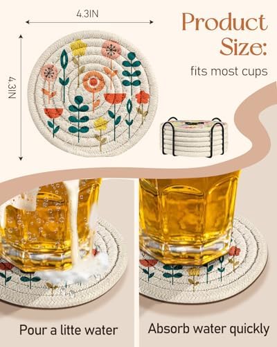 Absorbent Cup Coasters Set of 6 with Holder, Plants - Image 4