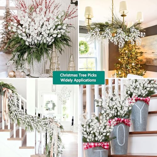 Oairse 8 Pcs Christmas Tree Picks and Sprays White Glitter Christmas Picks 26.8" Christmas Glitter Eucalyptus Leaves Stems for Christmas Tree Filler Branches Wreaths Centerpieces Holiday Decorations - Image 7