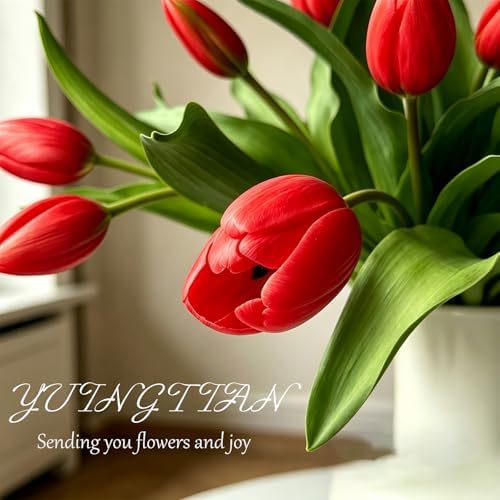 14 Pcs Real Touch Tulips Artificial Flowers Latex Stems Red - Image 3