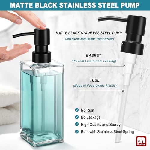 GMISUN Glass Soap Dispenser with Stainless Steel Pump, Clear Hand Soap Dispenser for Bathroom, 12 fl oz/350ml Refillable Dish Dispenser for Kitchen, Modern Liquid Soap and Lotion Bottle for Countertop - Image 3