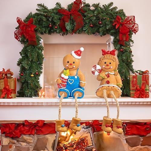 Dazzle Bright Christmas Figurines, Set of 2 Resin Gingerbread Man Sitters with Dangling Legs, Xmas Table Fireplace Shelf Sitters Decorations Sitting Figurines Ornament for Indoor Home Decor - Image 4