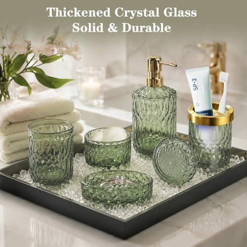 Green Bathroom Accessories Set, 5Pcs Clear Glass Green Accessories with Lotion Soap Dispenser, Soap Dish, Toothbrush Holder, Tumbler, Cotton Swab Jar, Modern Bathroom Decor Crystal Vintage Gift - Image 3