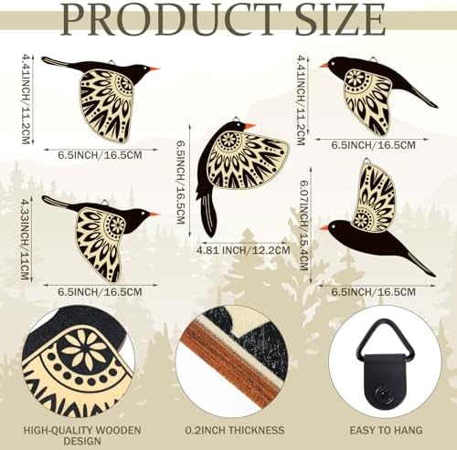Barydat 5 Pcs Wooden Bird Wall Art decor folk Birds art Decor,Black - Image 2
