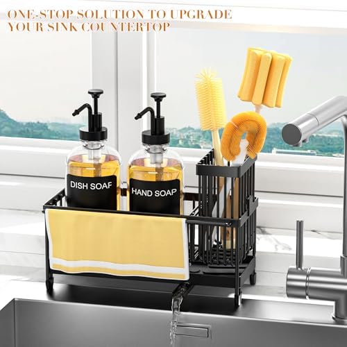 Kitchen Soap Dispenser Set with Sponge Holder and Towel Rack, 17OZ Glass Bottle, Hand and Dish Soap Dispenser Set, Non-Slip Silicone Pad, Brush Holder, Sink Organizer Countertop (Transparent) - Image 5