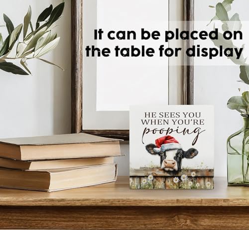 Christmas cows Home Bathroom Decor Sign - Farmhouse Western Christmas Animal Bathroom Decor,Rustic Farm Animal He Sees You When You're Pooping Signs,cows Gifts for Women - Image 3