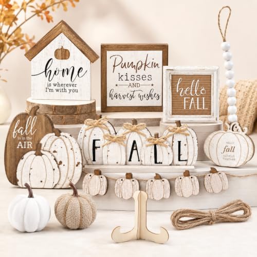 Reallnaive 18 Pcs Fall Tiered Tray Decor Set Neutral Wood Signs - Image 5