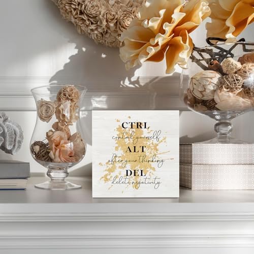 Ctrl Alt Del Office Motivational Gold Wooden Box Sign Desk Decor, Inspirational Decorative Signs for Office and Bedroom, Positive Home Shelf Desk Decoration 5x5 Inch - Image 6