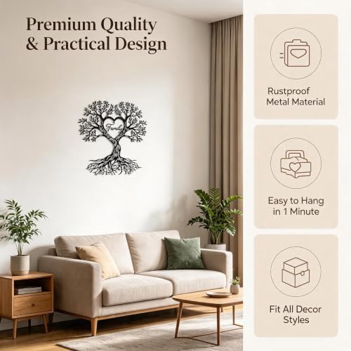 Tree of Life Metal Wall Decor Art Black Heart Family for Living Room - Image 5