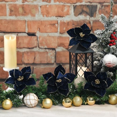 10 Pcs 9.4" Velvet Poinsettia Picks Glitter Artificial Christmas Flower Stems for Xmas Tree Wreath Garland Winter New Year Home Decoration, Navy Blue - Image 4